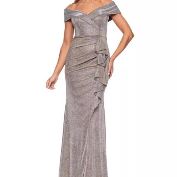 Xscape Metallic Off Shoulder Cascade Ruffle Holiday Party Dress 8 - Picture 7 of 14